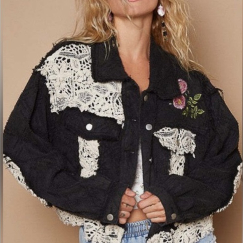 POL Black and White Lace Embellished Peace Jacket